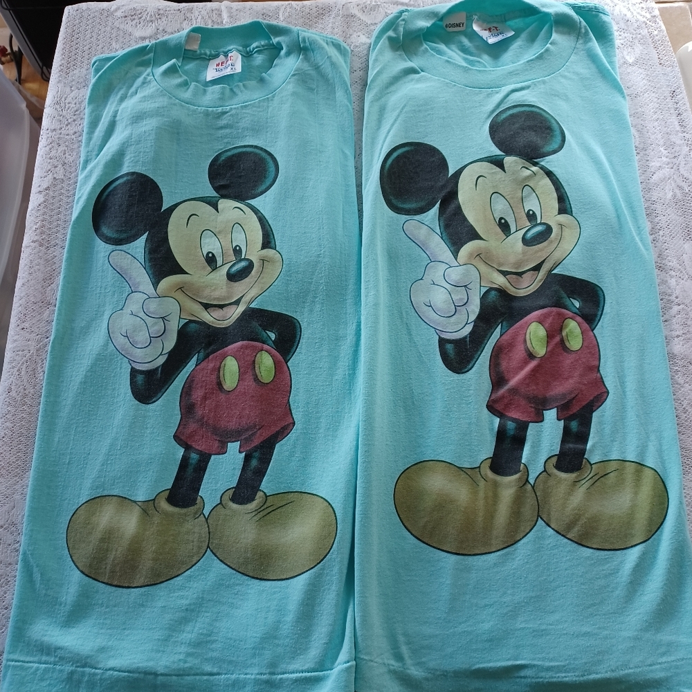 (2) VINTAGE 80s DISNEY MICKEY HEF-T BY TEE JAYS XL AQUA MINT COLOR T-SHIRTS